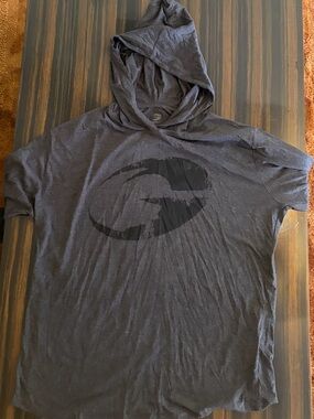 Men's Long-Sleeve Hooded Tee in Charcoal with Subtle Front Graphic and back